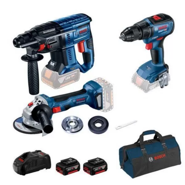 Aku sada Bosch GBH 180-LI + aku vrtací šroubovák GSR 18V-50 + aku úhlová bruska GWS 180-LI + 2× akumulátor GBA 18V 5.0Ah + brašn